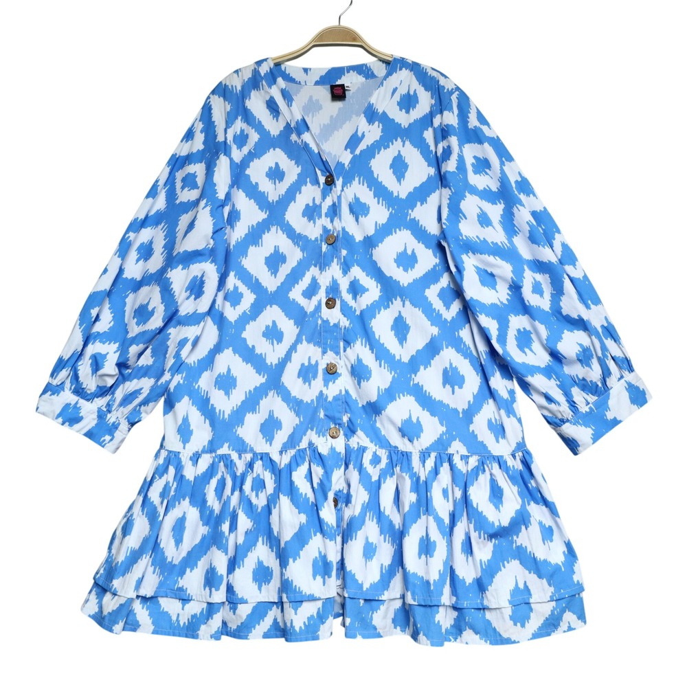Cupcake International Ikat Tiered Ruffle Button Dress XL Cotton Artsy Boho Beach